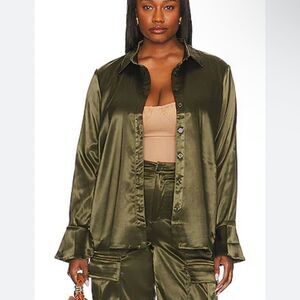 NWT Remi x Revolve Serena button up satin shirt olive green blouse Plus 0X